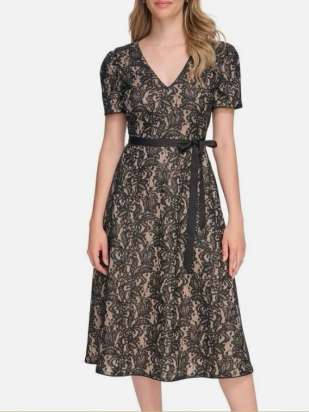 NWT Kensie Black & Nude Lace A-Line Midi Dress